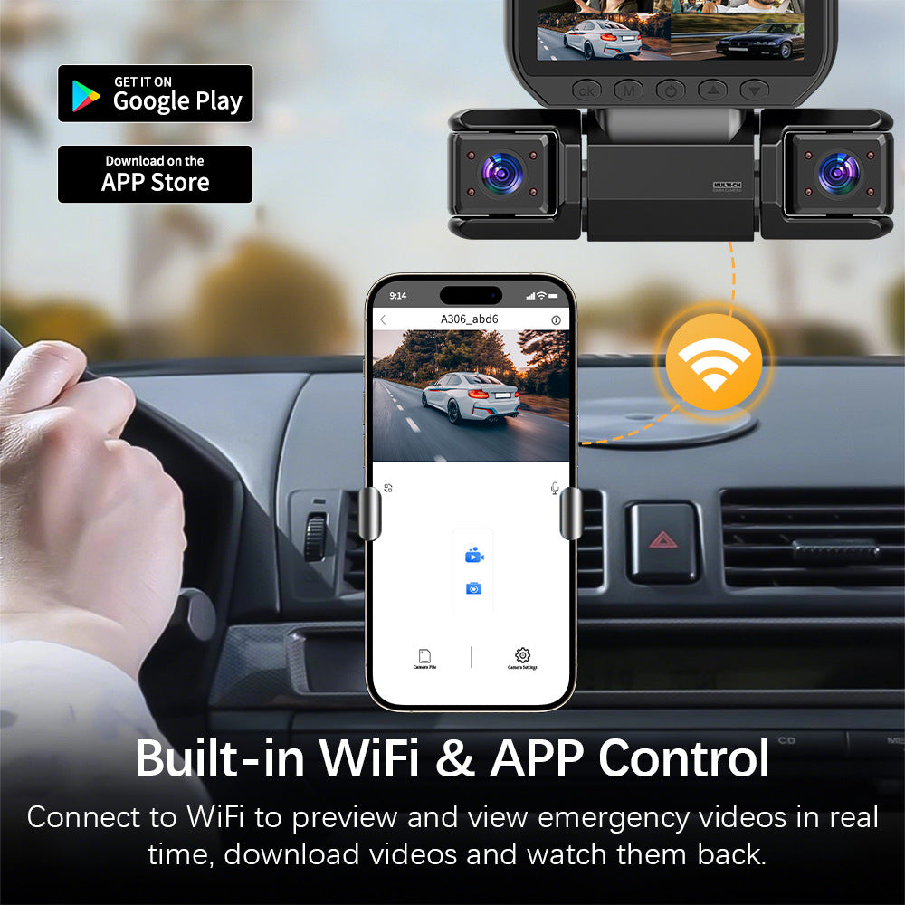 AI-Powered Wireless SmartVision™ 4CH Dash Cam with Wi-Fi, Loop Recording, G-Sensor, Dual Mount & IR Night Vision